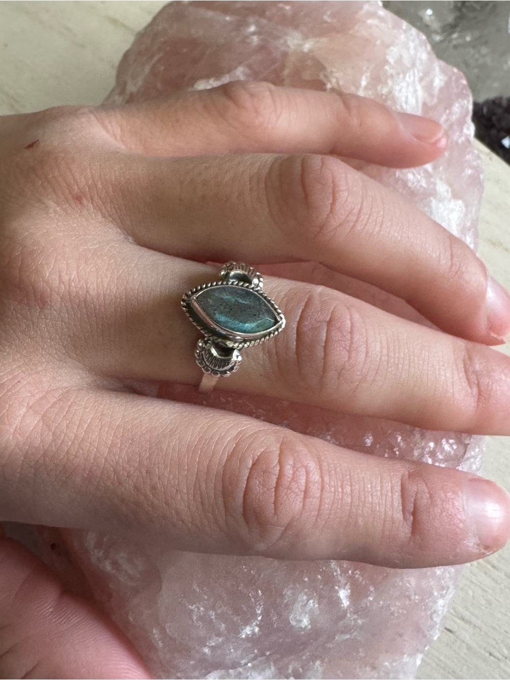 Labradorite Sterling Silver Marquise Ring in Blue-Green Flash - Size 9